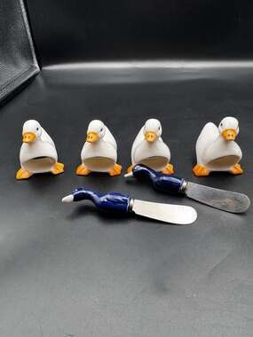 Vintage Shafford Ceramic Duck Napkin Rings and Spreader Set